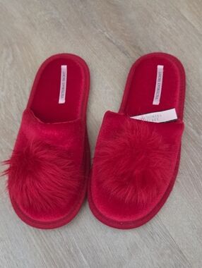 Victoria's Secret Red Plush Pom Slide Slippers with Pom Detail